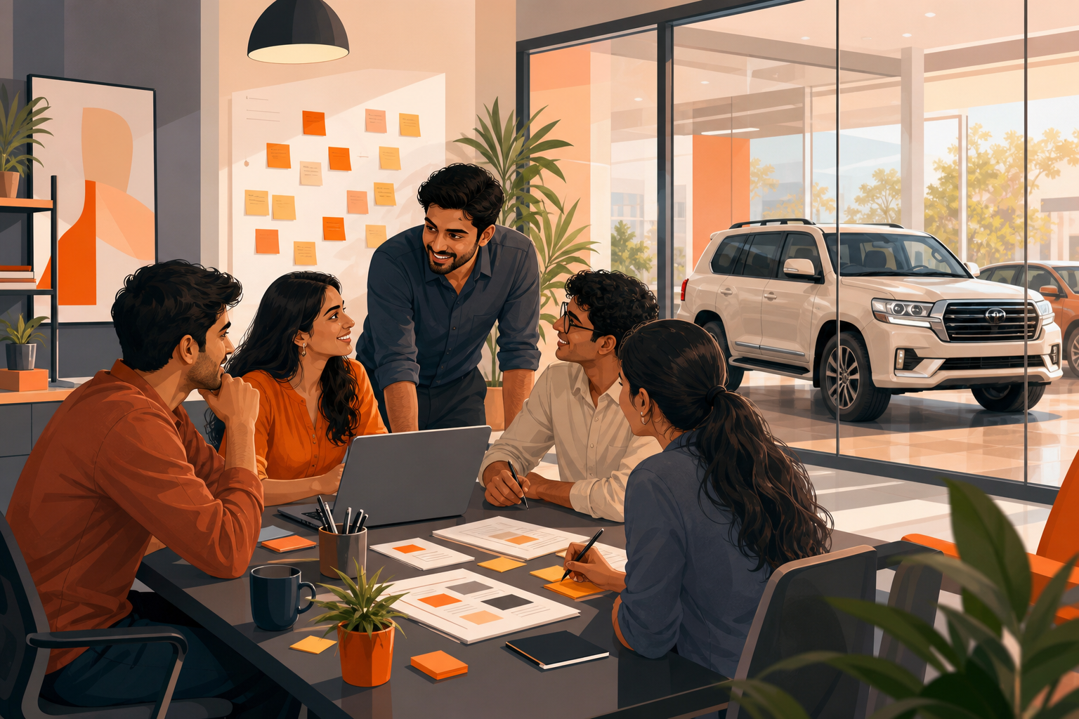 MotoOs360 team collaborating at the Dhaka showroom