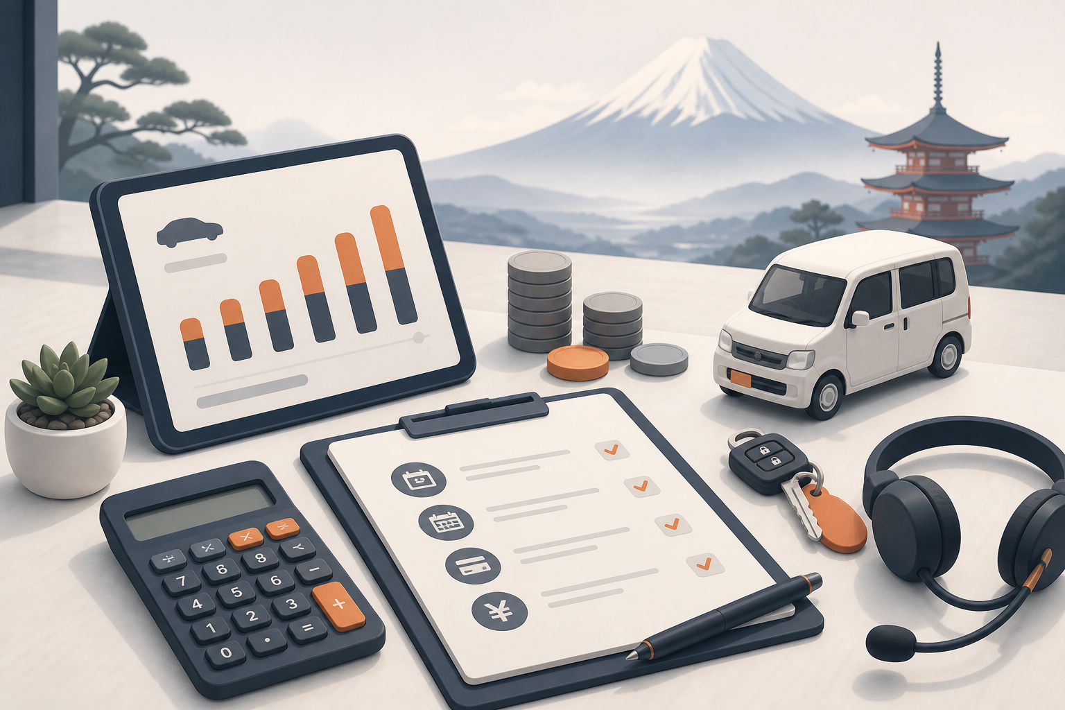 Finance desk EMI planner illustration — calculator, clipboard, and kei van model